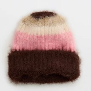Aerie Striped Knit Beanie - Pink, Cream, Brown